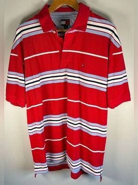 Tommy Hilfiger Mens Polo Shirt XL Red White Stripes Logo Cotton Vintage Y2K 2005